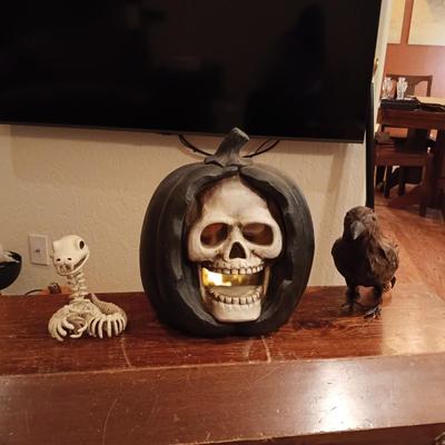FAUX FLAME SKULL PUMPKIN, CROW AND A SKELETON SNAKE