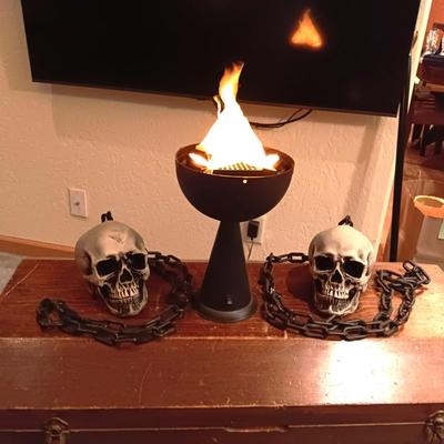 FAUX FLAME TORCH AND 2 SKULL ON CHAINS