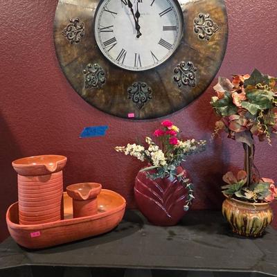 Sale Photo Thumbnail #34: Ceramic dogs
Faux plants
Clock 24”
Metal circle on the floor 19 1/2”


Shelves not inclued