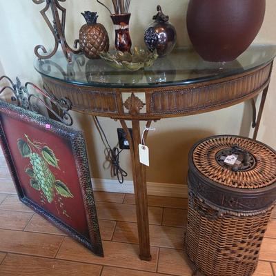 Sale Photo Thumbnail #63: Glass Entry table - 30” tall, 15” deep, 35” wide
Mirror - 29 3/4” x 22”
Plants
Vase
Art
