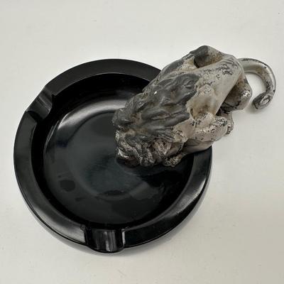 Vintage Lion Figural Ashtray – Cast Metal & Black Glass
