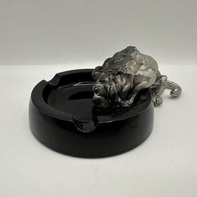 Vintage Lion Figural Ashtray – Cast Metal & Black Glass