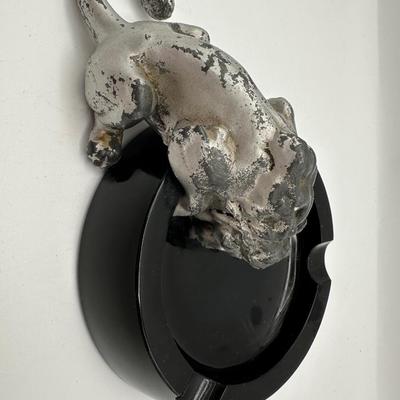 Vintage Lion Figural Ashtray – Cast Metal & Black Glass