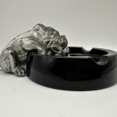 Vintage Lion Figural Ashtray – Cast Metal & Black Glass