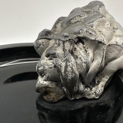 Vintage Lion Figural Ashtray – Cast Metal & Black Glass