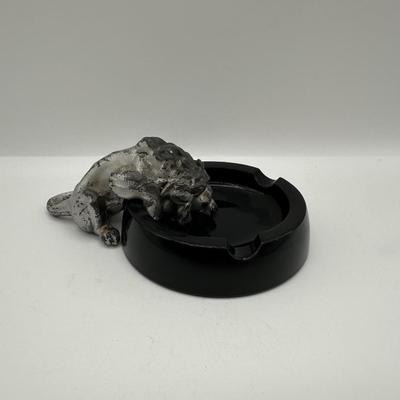 Vintage Lion Figural Ashtray – Cast Metal & Black Glass