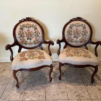 Pair of Vintage Carved Wood Armchairs