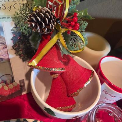 Sale Photo Thumbnail #90: Christmas decor
Dishes
Placemats
Serving pieces
3 poinsettia glass ornaments 

Table & shelves not included