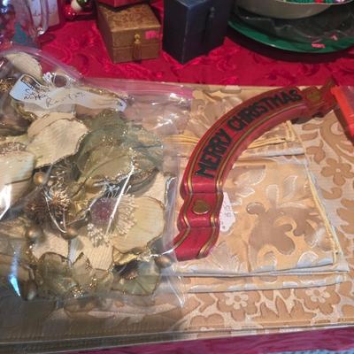 Sale Photo Thumbnail #95: Christmas decor
Dishes
Placemats
Serving pieces
3 poinsettia glass ornaments 

Table & shelves not included
