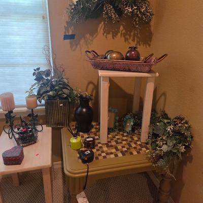Sale Photo Thumbnail #121: Misc decor & greenery
Tile table - 25x30, 22” tall
Table 2 - 14x14, 19 1/2” tall
Table 3 - 19 1/4”x14 1/4”, 21” tall