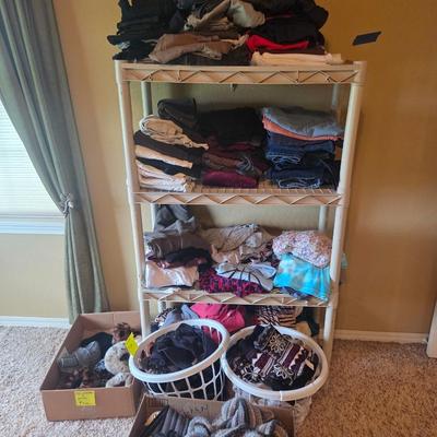 Sale Photo Thumbnail #144: Small to Large
Gloves
Winter scarves
Jeans
Capricorn
Leggings
Camisole
Tank tops
Pj’s
Socks
Men’s tshirt
Socks
Shorts
Over door shoe holder

Shelves & baskets not included