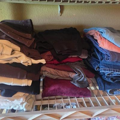 Sale Photo Thumbnail #150: Small to Large
Gloves
Winter scarves
Jeans
Capricorn
Leggings
Camisole
Tank tops
Pj’s
Socks
Men’s tshirt
Socks
Shorts
Over door shoe holder

Shelves & baskets not included
