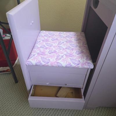Sale Photo Thumbnail #295: Painted cabinet - 31” tall, 21” wide
Has its own seat with drawers
Small easel
Painted gourds
File box