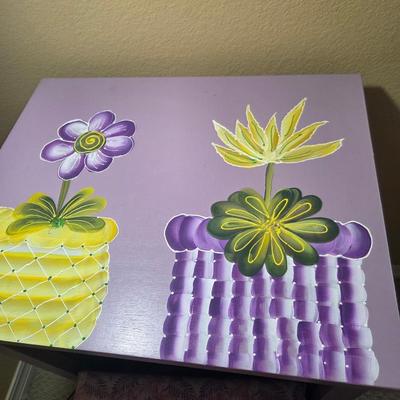 Sale Photo Thumbnail #293: Painted cabinet - 31” tall, 21” wide
Has its own seat with drawers
Small easel
Painted gourds
File box