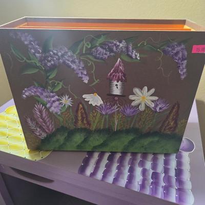 Sale Photo Thumbnail #294: Painted cabinet - 31” tall, 21” wide
Has its own seat with drawers
Small easel
Painted gourds
File box