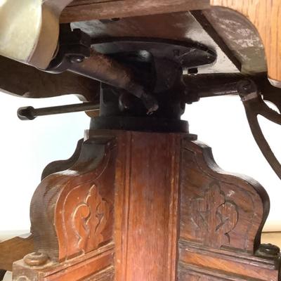 Sale Photo Thumbnail #453: "Congress Hydraulic Patented Koken Barbors Supply Co. St. Louis, USA"Adjustable headrest. Has golden finish, nickel plated trim and leather blade sharpener with quarter sewn oak Measures: 46" high x 22.5" wide (adjustable height)