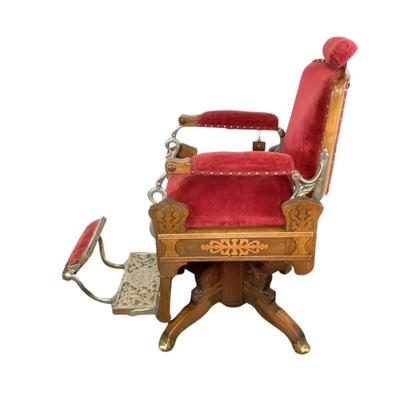 Sale Photo Thumbnail #448: "Congress Hydraulic Patented Koken Barbors Supply Co. St. Louis, USA"Adjustable headrest. Has golden finish, nickel plated trim and leather blade sharpener with quarter sewn oak Measures: 46" high x 22.5" wide (adjustable height)