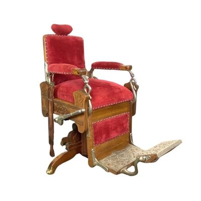 Sale Photo Thumbnail #447: "Congress Hydraulic Patented Koken Barbors Supply Co. St. Louis, USA"Adjustable headrest. Has golden finish, nickel plated trim and leather blade sharpener with quarter sewn oak Measures: 46" high x 22.5" wide (adjustable height)