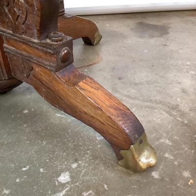 Sale Photo Thumbnail #451: "Congress Hydraulic Patented Koken Barbors Supply Co. St. Louis, USA"Adjustable headrest. Has golden finish, nickel plated trim and leather blade sharpener with quarter sewn oak Measures: 46" high x 22.5" wide (adjustable height)