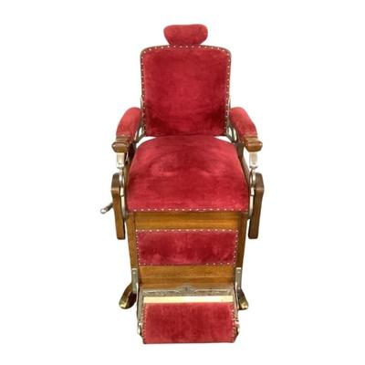 Sale Photo Thumbnail #446: "Congress Hydraulic Patented Koken Barbors Supply Co. St. Louis, USA"Adjustable headrest. Has golden finish, nickel plated trim and leather blade sharpener with quarter sewn oak Measures: 46" high x 22.5" wide (adjustable height)