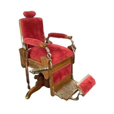 Sale Photo Thumbnail #445: "Congress Hydraulic Patented Koken Barbors Supply Co. St. Louis, USA"Adjustable headrest. Has golden finish, nickel plated trim and leather blade sharpener with quarter sewn oak Measures: 46" high x 22.5" wide (adjustable height)