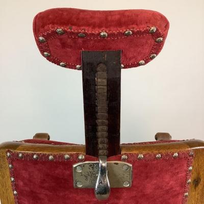 Sale Photo Thumbnail #454: "Congress Hydraulic Patented Koken Barbors Supply Co. St. Louis, USA"Adjustable headrest. Has golden finish, nickel plated trim and leather blade sharpener with quarter sewn oak Measures: 46" high x 22.5" wide (adjustable height)
