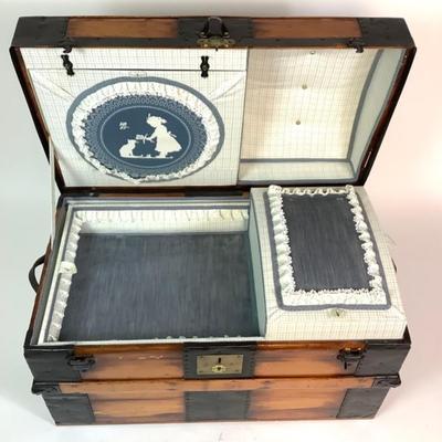 Sale Photo Thumbnail #467: Has brass key lock, front leather strap is torn 
Inside has been completely restored 
 Measures: 20.5" high x 32.5" wide x 19.75" deep
