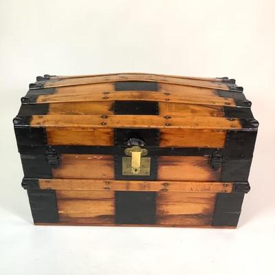 Sale Photo Thumbnail #458: Has brass key lock, front leather strap is torn 
Inside has been completely restored 
 Measures: 20.5" high x 32.5" wide x 19.75" deep