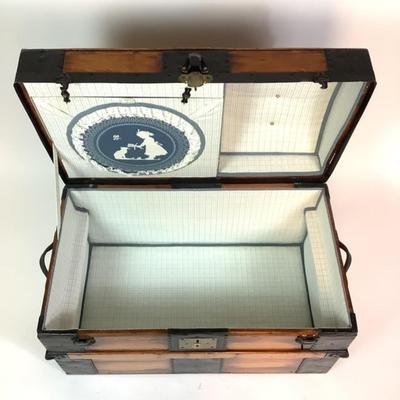 Sale Photo Thumbnail #469: Has brass key lock, front leather strap is torn 
Inside has been completely restored 
 Measures: 20.5" high x 32.5" wide x 19.75" deep
