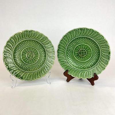 Sale Photo Thumbnail #496: These plates are discontinued. 
raised leaves & Basketweave pattern, right plate has chip and center of both plates have some wear. Please refer to photos.
Both plates measure 10.5” in diameter