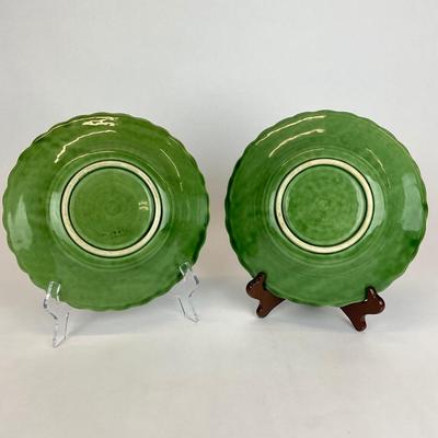 Sale Photo Thumbnail #500: These plates are discontinued. 
raised leaves & Basketweave pattern, right plate has chip and center of both plates have some wear. Please refer to photos.
Both plates measure 10.5” in diameter