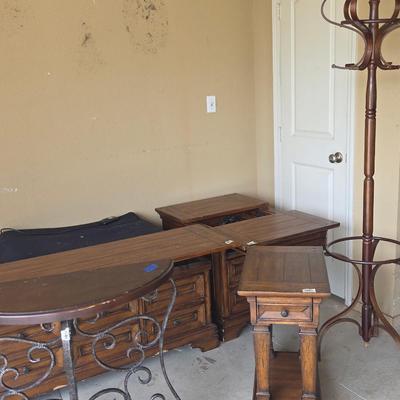 Sale Photo Thumbnail #489: Coat rack
Coffee table - 33”x50”x21”
End table - 30 1/2”x25 1/2”x25 1/4”
Small table - 22x14x25
1/2 round table - 13x34
