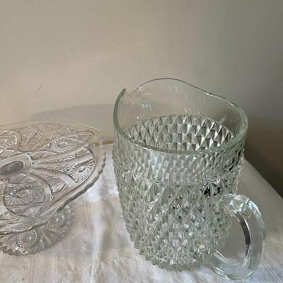 Clear Glass Pitcher, Cake Plate and Platter (DR)