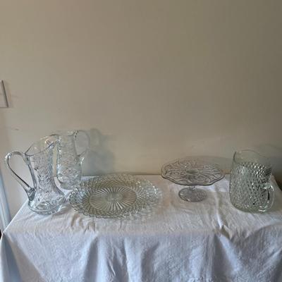Clear Glass Pitcher, Cake Plate and Platter (DR)