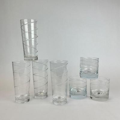 Sale Photo Thumbnail #576: Glasses have a swirl line pattern, one glass is marked mikasa
Measurements:
Highball is 7.25” in height
Double old fashioned is 3.75” in height
