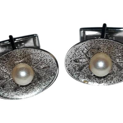 Mid-century Sterling Silver Pearl Cufflinks, Pat. Pending / Sterling
