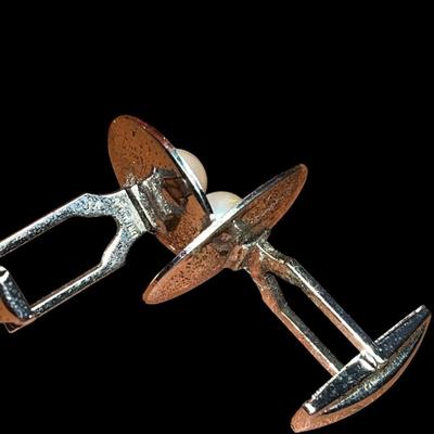 Mid-century Sterling Silver Pearl Cufflinks, Pat. Pending / Sterling