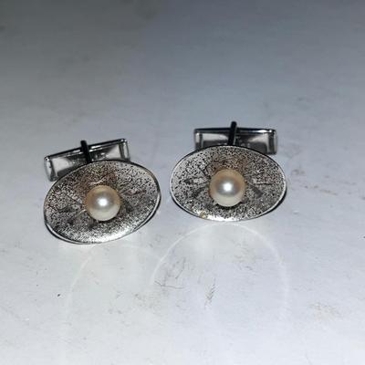 Mid-century Sterling Silver Pearl Cufflinks, Pat. Pending / Sterling