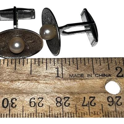 Mid-century Sterling Silver Pearl Cufflinks, Pat. Pending / Sterling