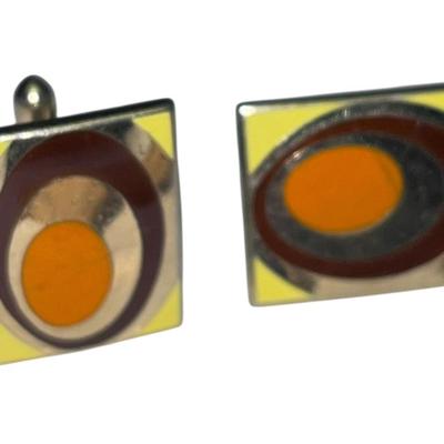 MCM Orange, Yellow Brown Asymmetrical Modern Pop Art Enamel Cufflinks