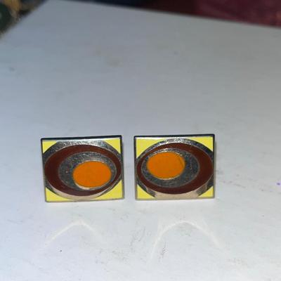 MCM Orange, Yellow Brown Asymmetrical Modern Pop Art Enamel Cufflinks