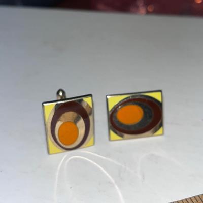 MCM Orange, Yellow Brown Asymmetrical Modern Pop Art Enamel Cufflinks