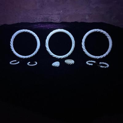Sale Photo Thumbnail #35: Beautiful bracelets, earrings, ring and pendant. They glow! Filigree is frayed on one of the bracelets. - I'm not officially saying these are ivory...but maybe?
