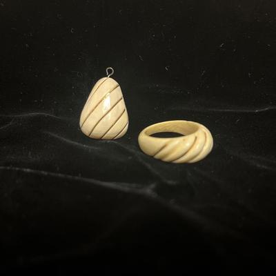 Sale Photo Thumbnail #36: Beautiful bracelets, earrings, ring and pendant. They glow! Filigree is frayed on one of the bracelets. - I'm not officially saying these are ivory...but maybe?