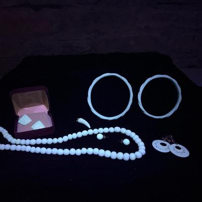 Sale Photo Thumbnail #41: Another wonderful set! Necklace with matching posts is 24”. Beautiful set of filigree earrings, set of two bracelets, and pair of art deco earrings. Art deco pair has a post that has fallen off, but it is included. These glow too! I'm not officially say