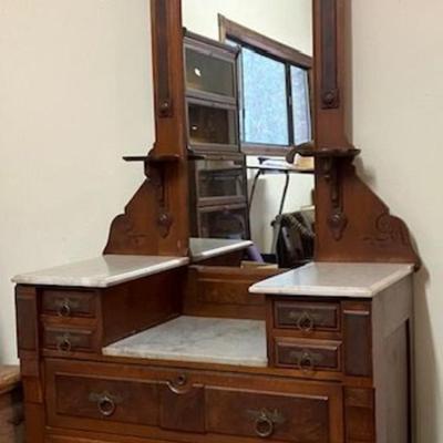 Antique Eastlake Carved Walnut Marble Top Dresser