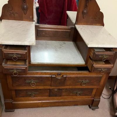 Antique Eastlake Carved Walnut Marble Top Dresser