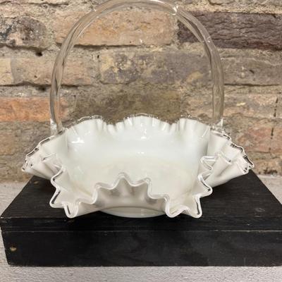 Sale Photo Thumbnail #54: Big 12” Silvercrest basket and 3 tiered Silvercrest tidbit with gold tone posts and handle. Fenton!