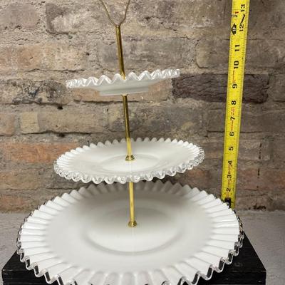 Sale Photo Thumbnail #57: Big 12” Silvercrest basket and 3 tiered Silvercrest tidbit with gold tone posts and handle. Fenton!