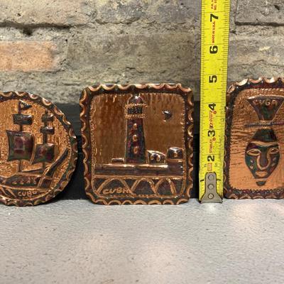 Sale Photo Thumbnail #66: Street scene candle holders, copper plates and Cuban Terra cotta Madonna